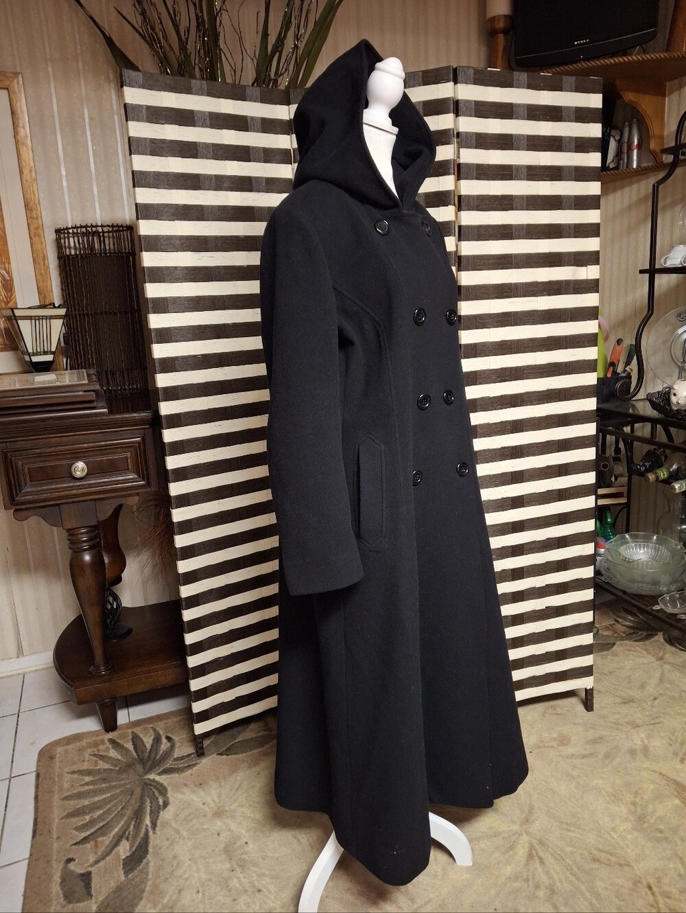 Anne Klein Black Hooded Double-Breasted 100% Wool Long Coat Women Size 16 - Picture 9 of 16